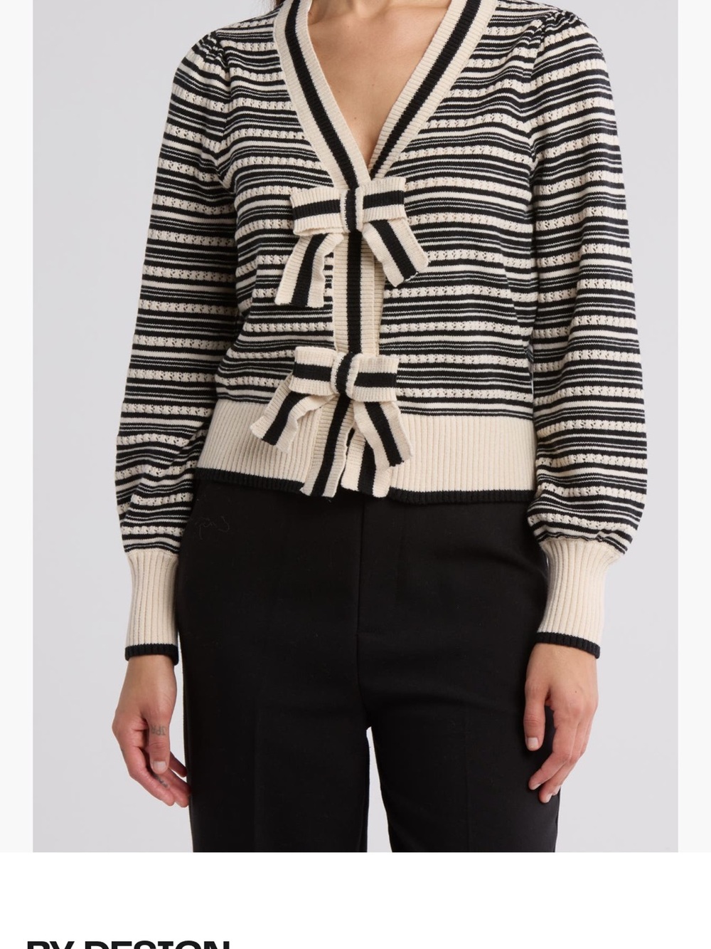 Striped Cream and Black Bow-Front Cardigan Sweater